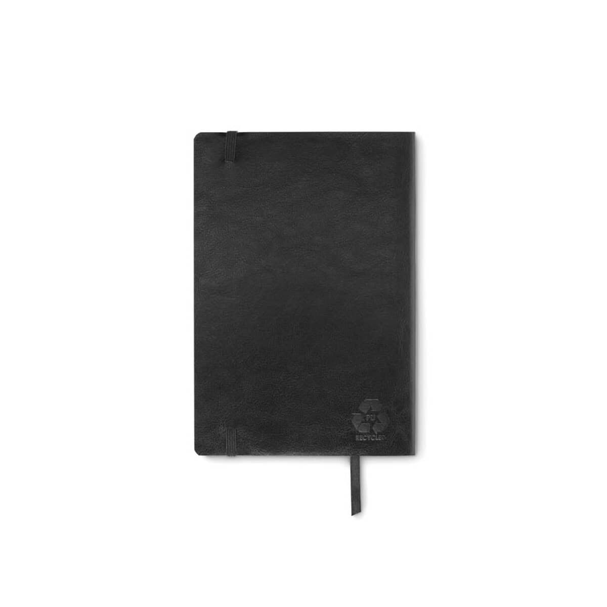 Notatniki z logo – notes a5 z recyklingu breta mo2118-03-back Notatnik z ekologicznymi oznaczeniami i czarną okładką, idealny gadżet biurowy lub promocyjny.