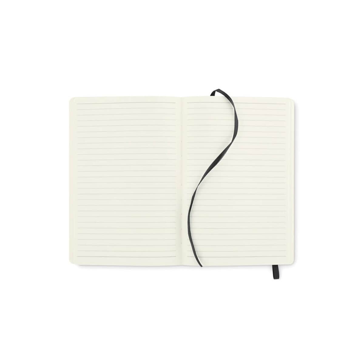 Notatniki z logo – notes a5 z recyklingu breta mo2118-03-open Notesik z czarnym gumką i liniowanymi stronami, idealny na gadżety biurowe i prezenty.