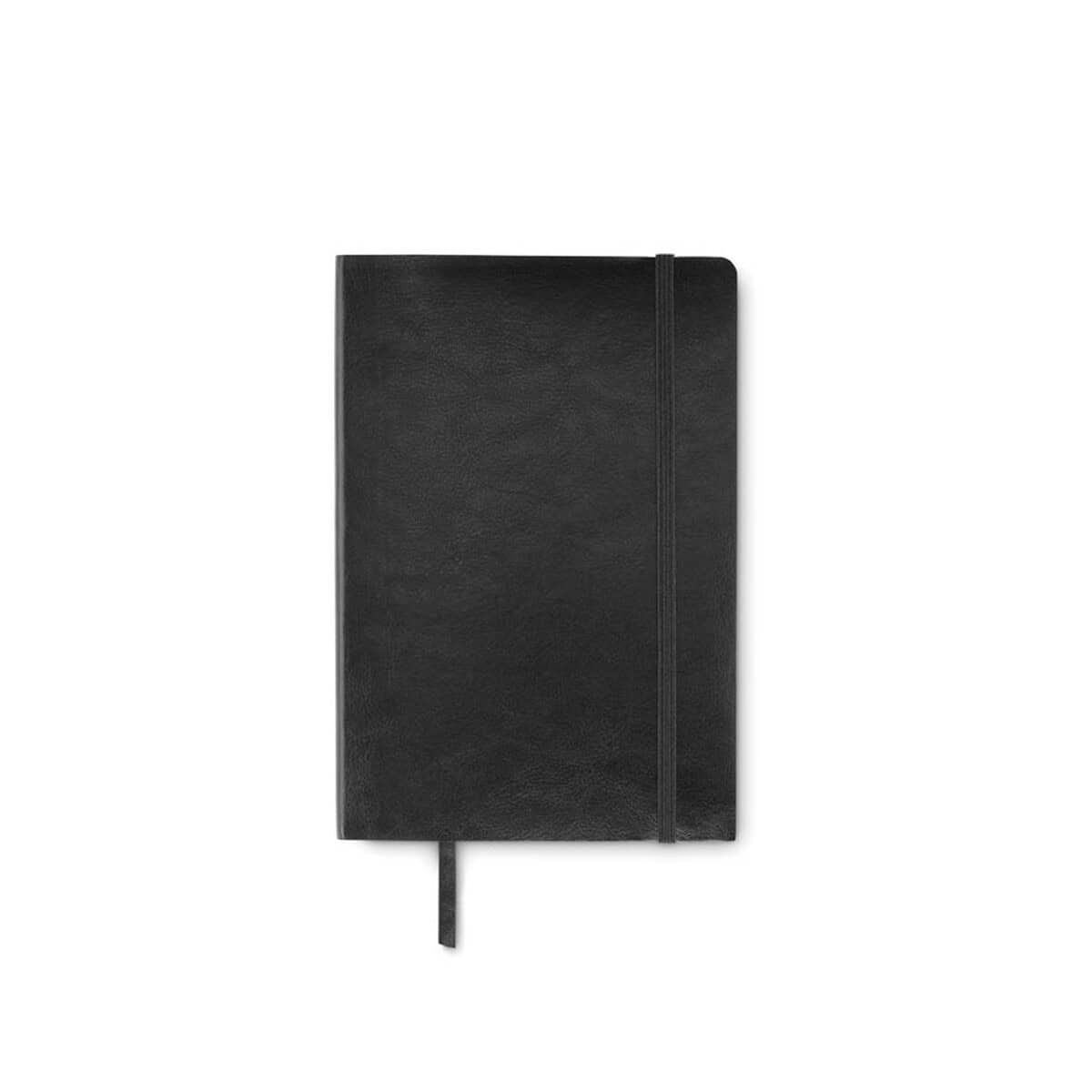 Notatniki z logo – notes a5 z recyklingu breta mo2118-03-top Notes: The image shows a black leather notebook with an elastic band and a pen loop, suitable for personalized gadżety.