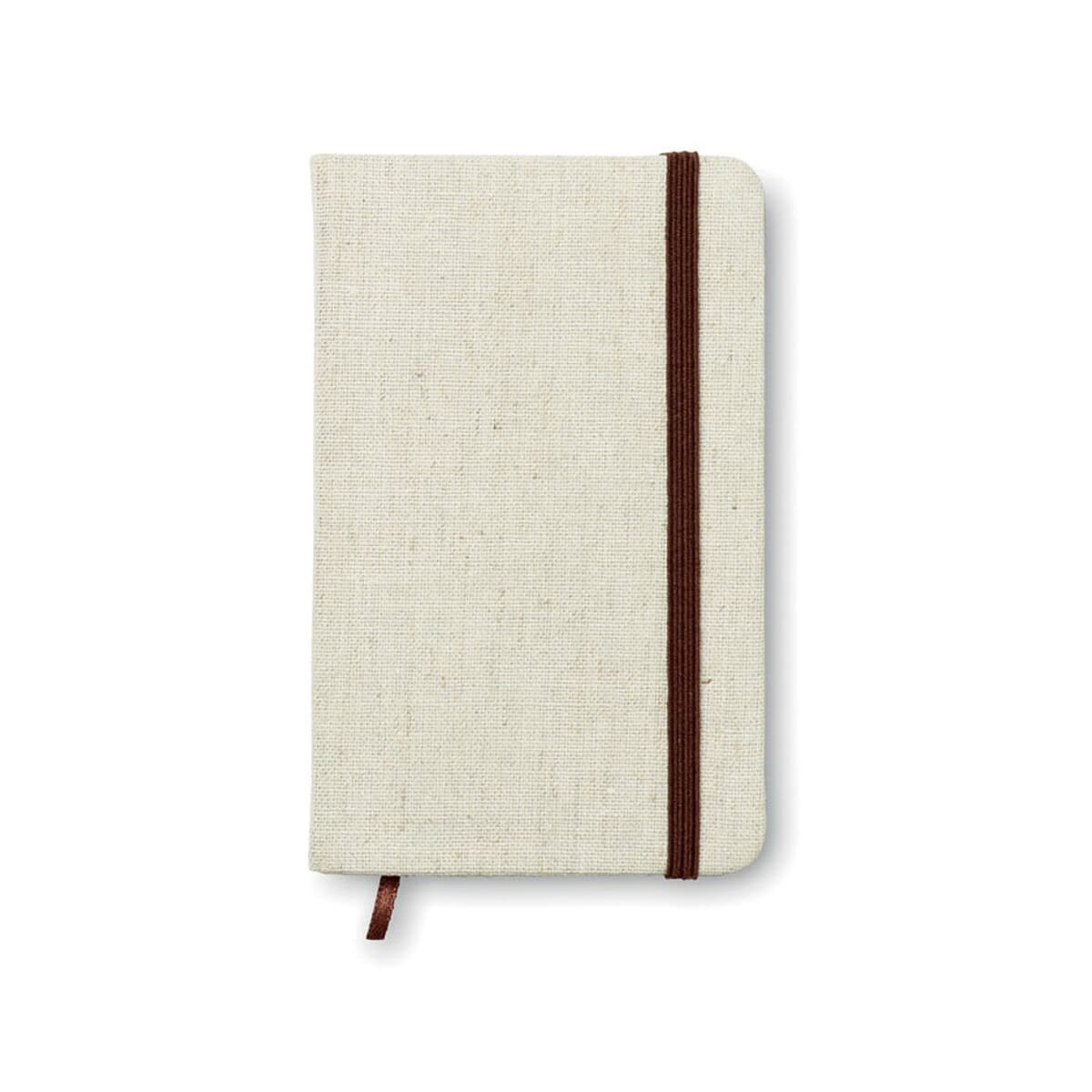 Notes: The image shows a beige fabric-covered notebook with a brown elastic band.