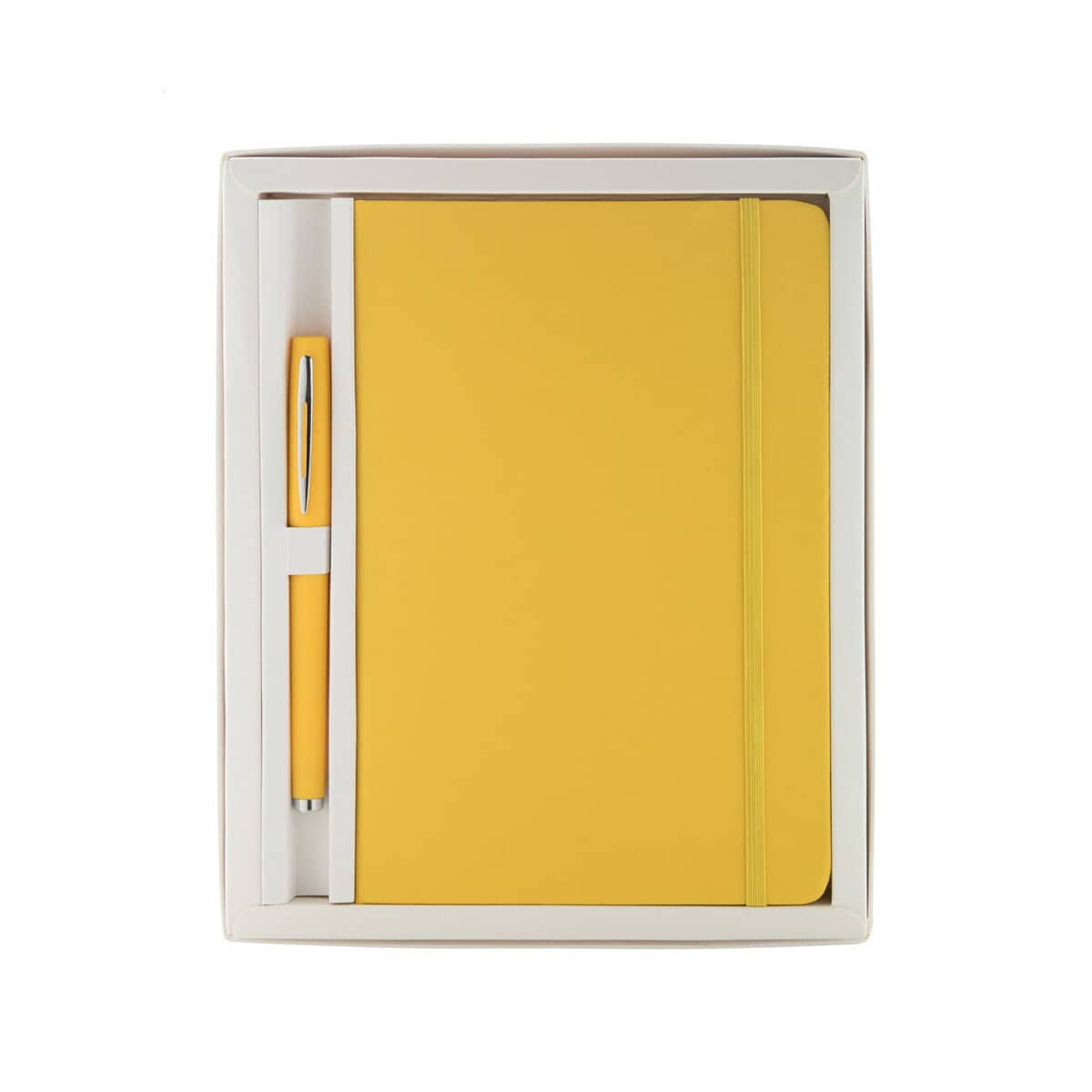 Notatniki z logo – setpuk zestaw notatnik AP741971-02 Notes: The provided image is a yellow notebook set with a pen and an elastic band, presented in a gift box.