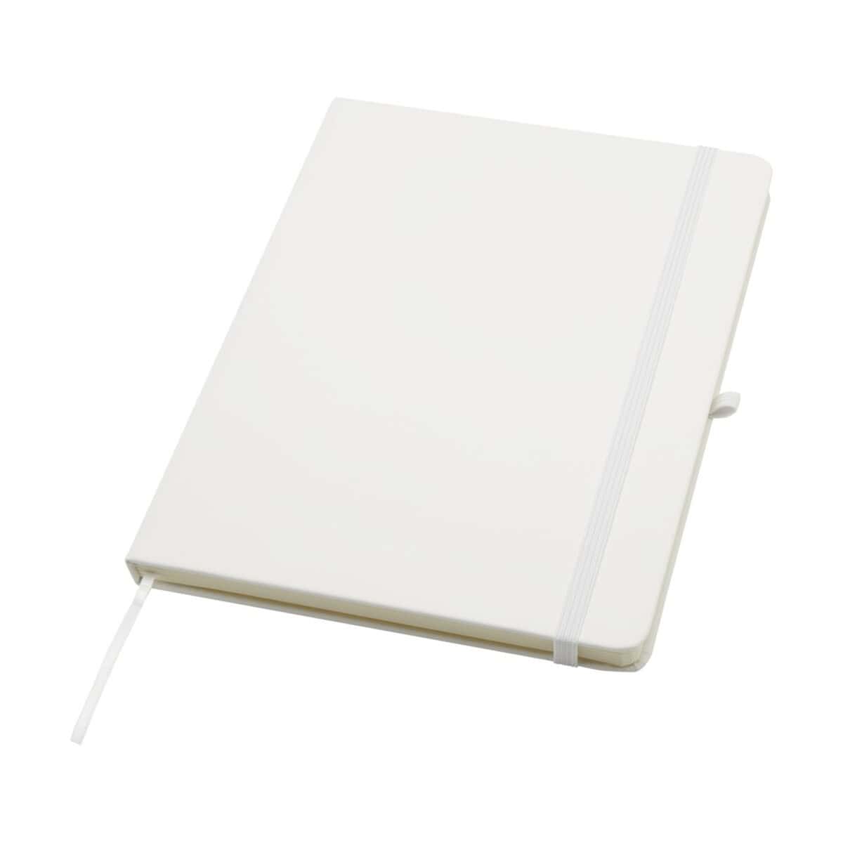 Notatniki z logo – spectrum plus notatnik a5 w twardej okładce 10796201 Notesiknik z białej skóry z gumką na perforacji, elegancki, personalizowany gadżet biurowy, idealny na prezent korporacyjny.