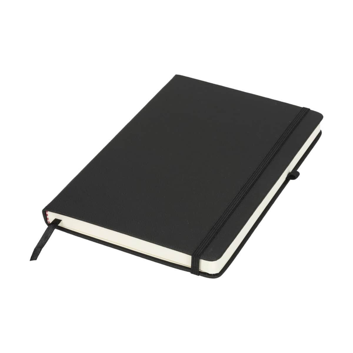 Czarny notes z elastycznym gumowym paskiem i zakładką. Idealny gadżet biurowy i personalizowany upominek.