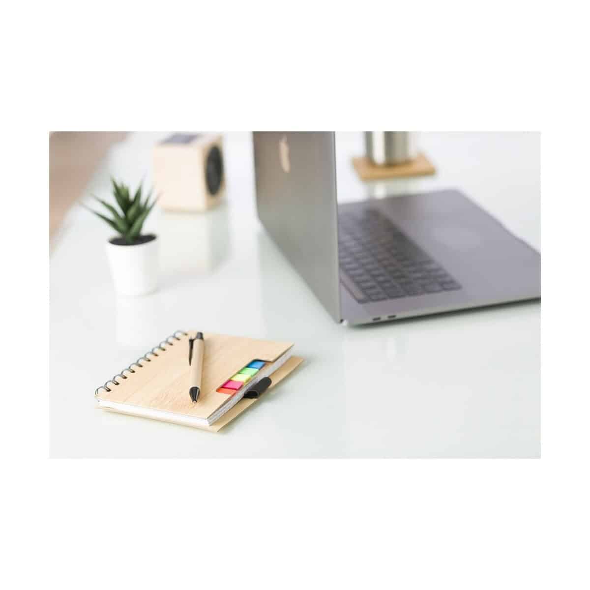 Notatniki z logo – zestaw do notatek, notatnik, długopis, karteczki samoprzylepne V0092_A Notes: The photo shows a neat workspace with a laptop, notebook, pen, potted plant, and decorative items, typical for promotional gadgets.