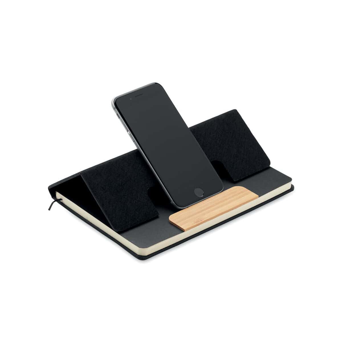 Notatniki z logo – zestaw notatników a5 rpet notemix mo2390-03-open Płyta ładowarka bezprzewodowa z telefonem i drewnianym elementem, nowoczesne gadżety biurowe.