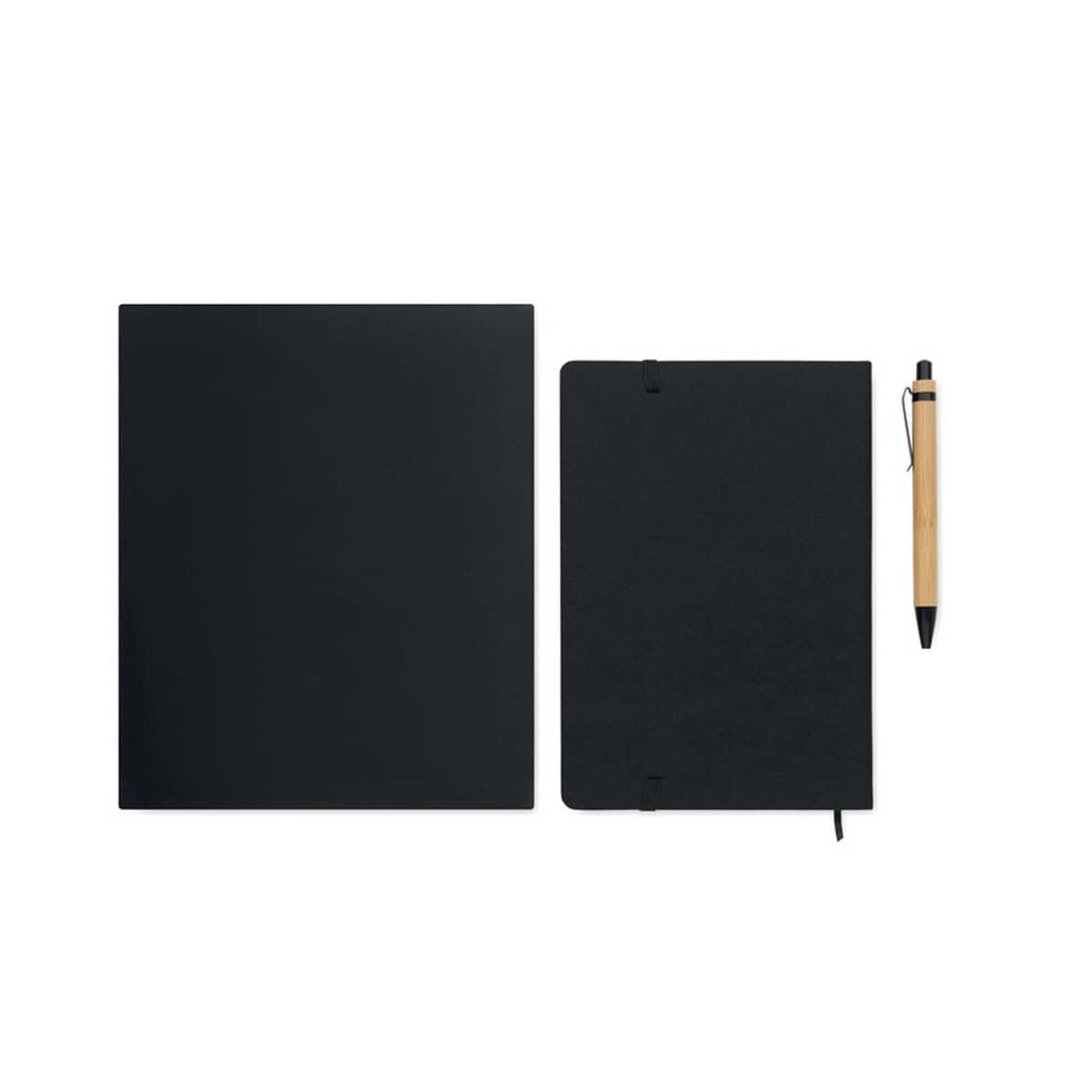 Notatniki z logo – zestaw notatników a5 rpet notemix mo2390-03-picture2 Notatnik czarny z elastyczną opaską i długopis bambusowy - idealny gadżet firmowy i na prezent.