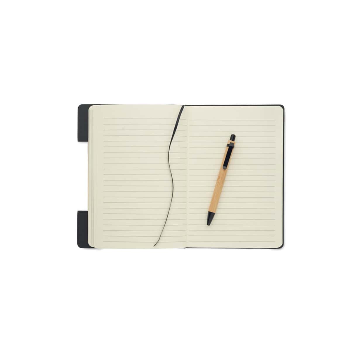Notatniki z logo – zestaw notatników a5 rpet notemix mo2390-03-top Notes: The image is of an open notebook with a pen on two pages, no specific promotional or branded elements present. The context relates to personalized or promotional items like notebooks and pens, typical in gadżety (gadgets/promotional items).