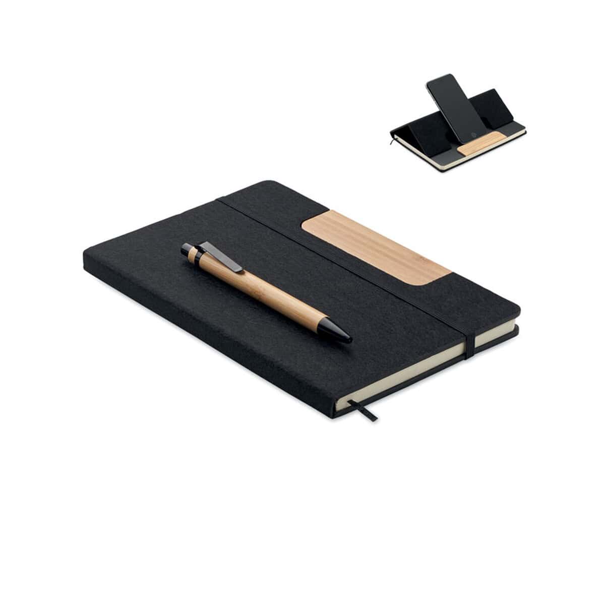 Notatniki z logo – zestaw notatników a5 rpet notemix mo2390-03 Elegancki notes z długopisem i etui na telefon, perfect na prezent i do codziennego użytku.