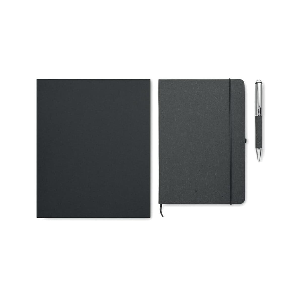 Notatniki z logo – zestaw skórzanych notatników eleganote mo2195-03-picture1 Czarne notesy z gumką i pięknym długopisem, idealne jako gadżety reklamowe i upominki biurowe.