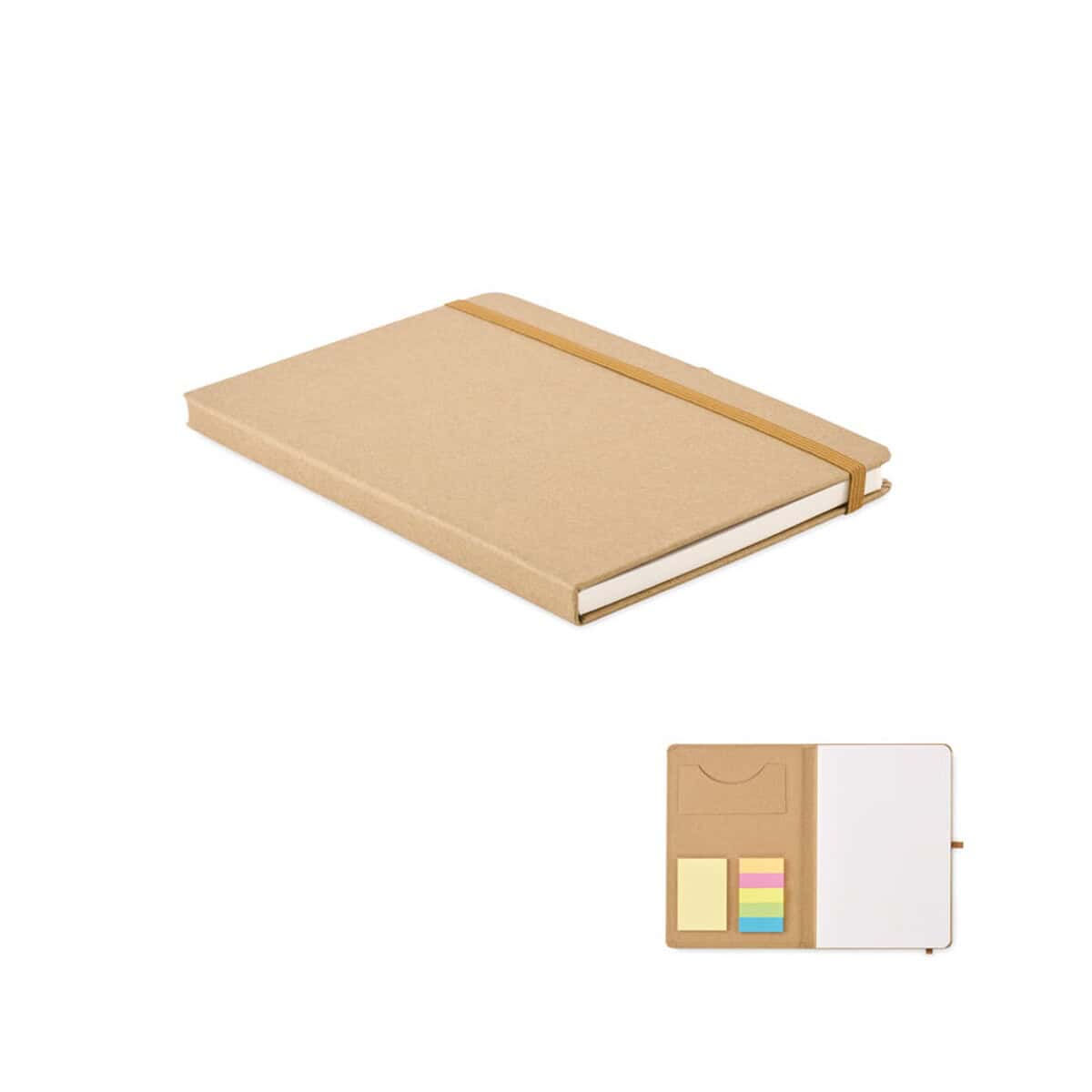 Notatniki z logo – zestaw z zeszytem a5 z papieru sticknote mo2554-13 Notesik ekologiczny z gumką do notatek i planowania, w naturalnym kolorze, idealny na prezent.