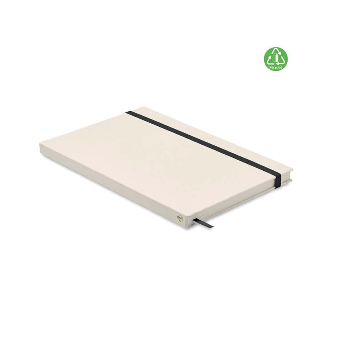 Notatniki z logo – zeszyt a5 karton z recyklingu mito note mo6743-03 -notatnik ekologiczny z białą okładką i czarną gumką do zapisywania notatek i planowania.