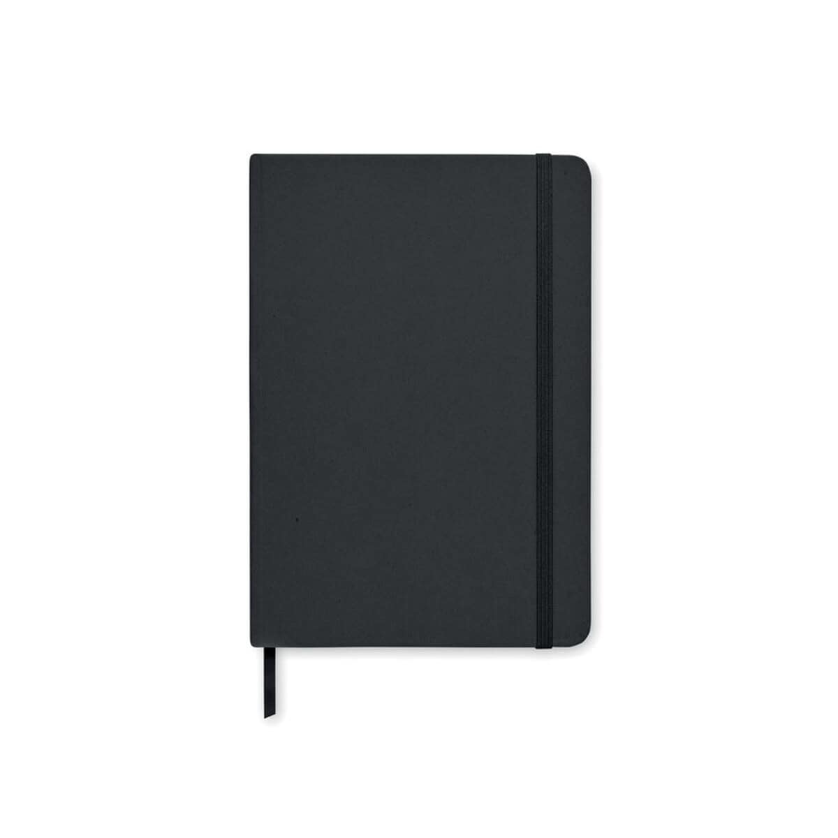 Notatniki z logo – zeszyt a5 karton z recyklingu sten mo6798-03-back Czarny notes z gumką i zakładką, eleganckie gadżety biurowe.