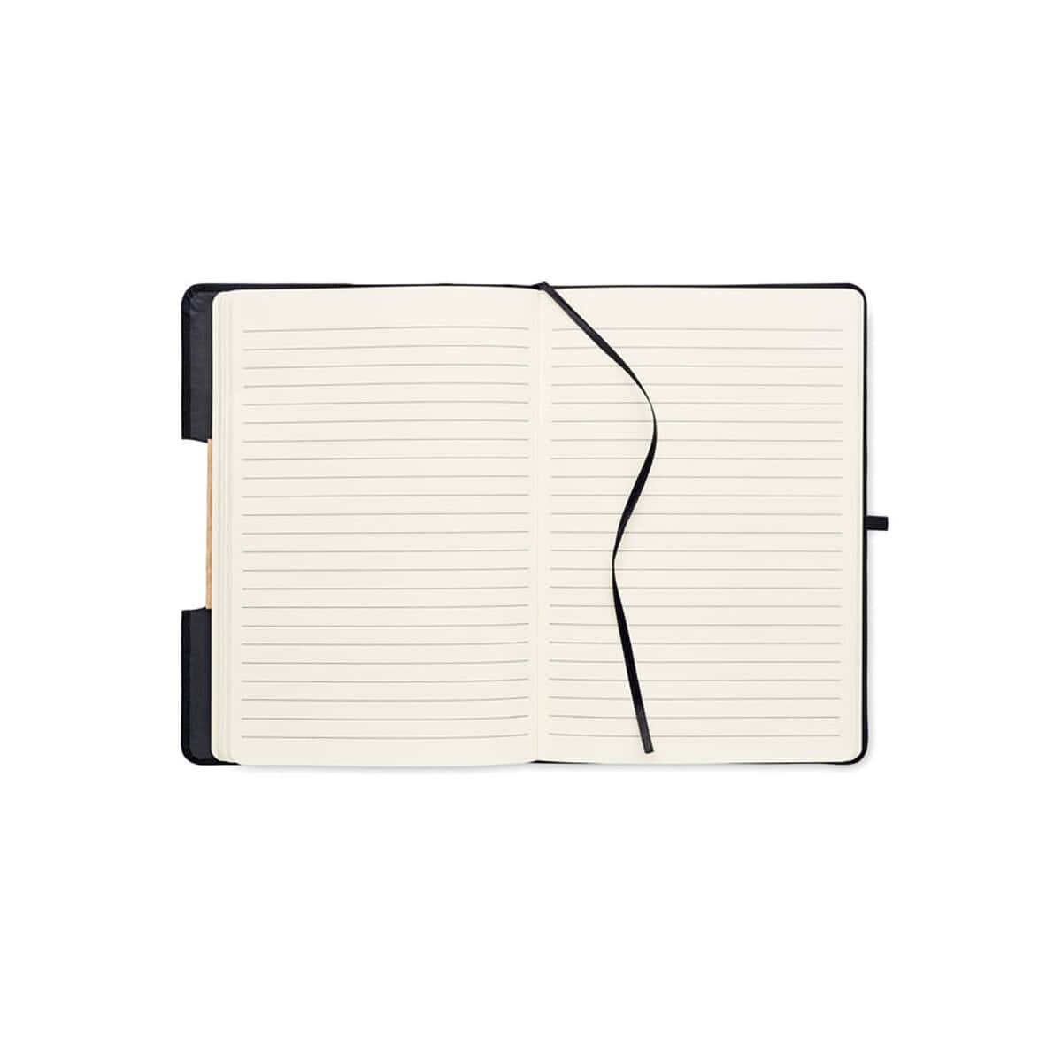 Notatniki z logo – zeszyt a5 rpet 80 w linie blama mo6576-03-detail Zakładka do notesu w czarnym kolorze, eleganckie gadżety biurowe na prezent.