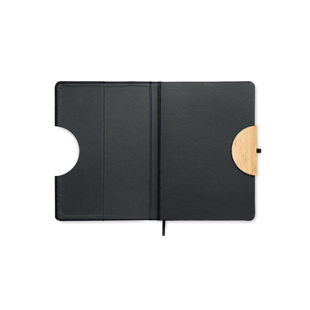 Notatniki z logo – zeszyt a5 rpet 80 w linie blama mo6576-03-open Portfel z rączką i zamekiem z naturalnego drewna w czarnym etui. Idealny na prezenty i do codziennego użytku.