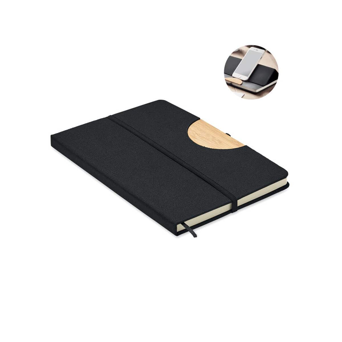 Notatniki z logo – zeszyt a5 rpet 80 w linie blama mo6576-03 Notatnik z czarną okładką i drewnianym elementem, idealny na gadżety biurowe i prezenty.