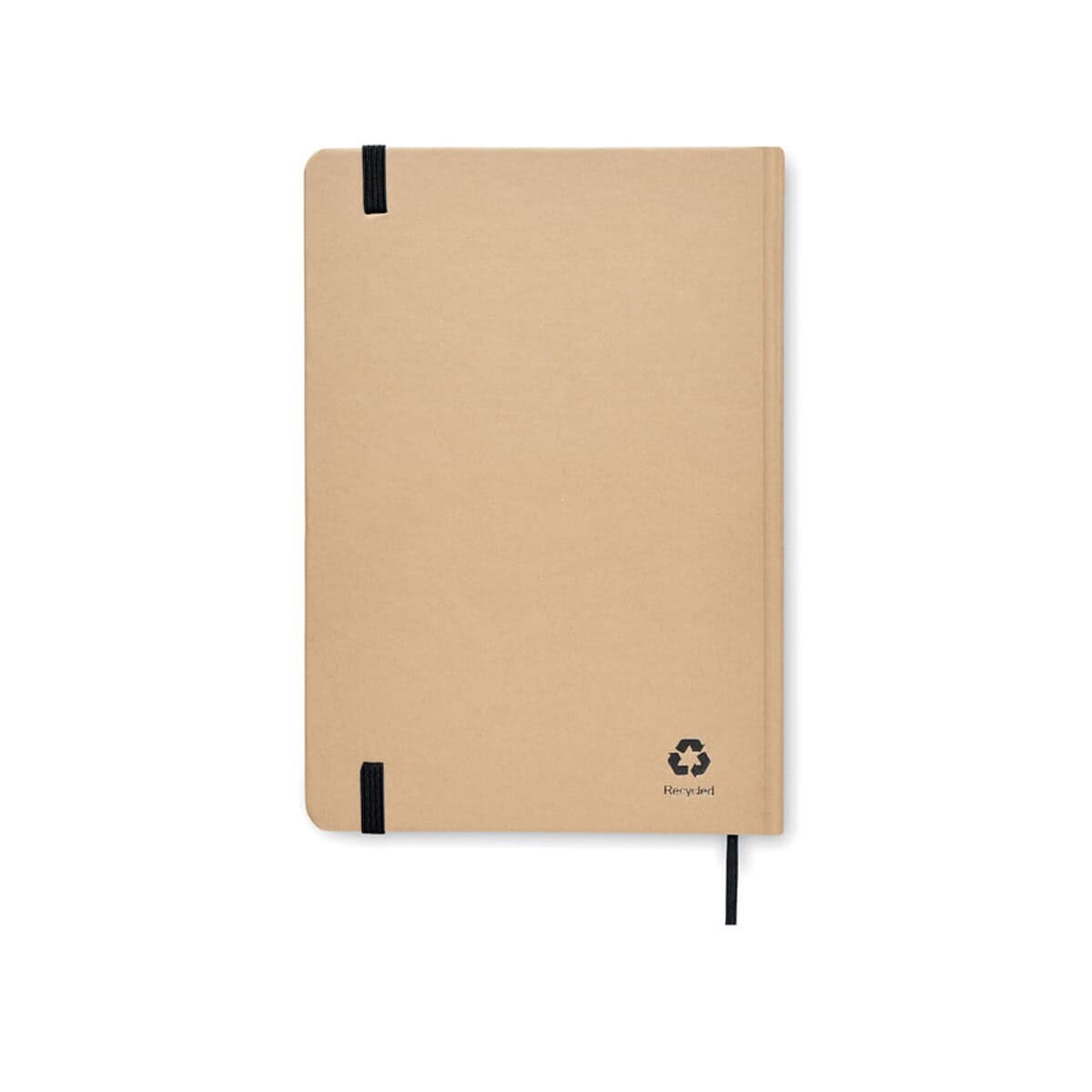 Notatniki z logo – zeszyt a5 z recyklingu everwrite mo6892-03-back Notes: The image shows a beige notebook with black elastic bands and a recycled logo.