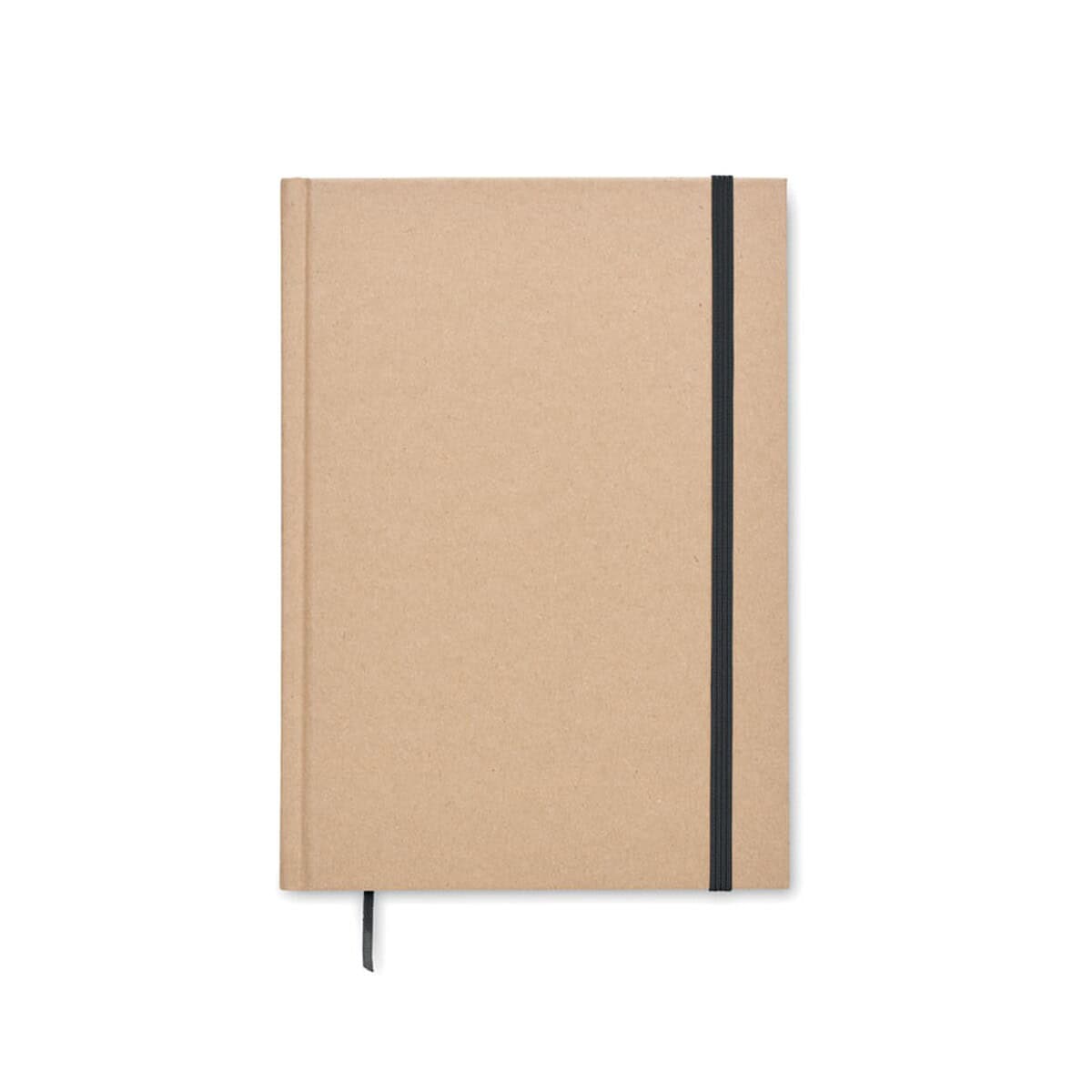 Notatniki z logo – zeszyt a5 z recyklingu musa mo6640-03-side Notes: The image is of a plain notebook with a beige cover and a black elastic band.