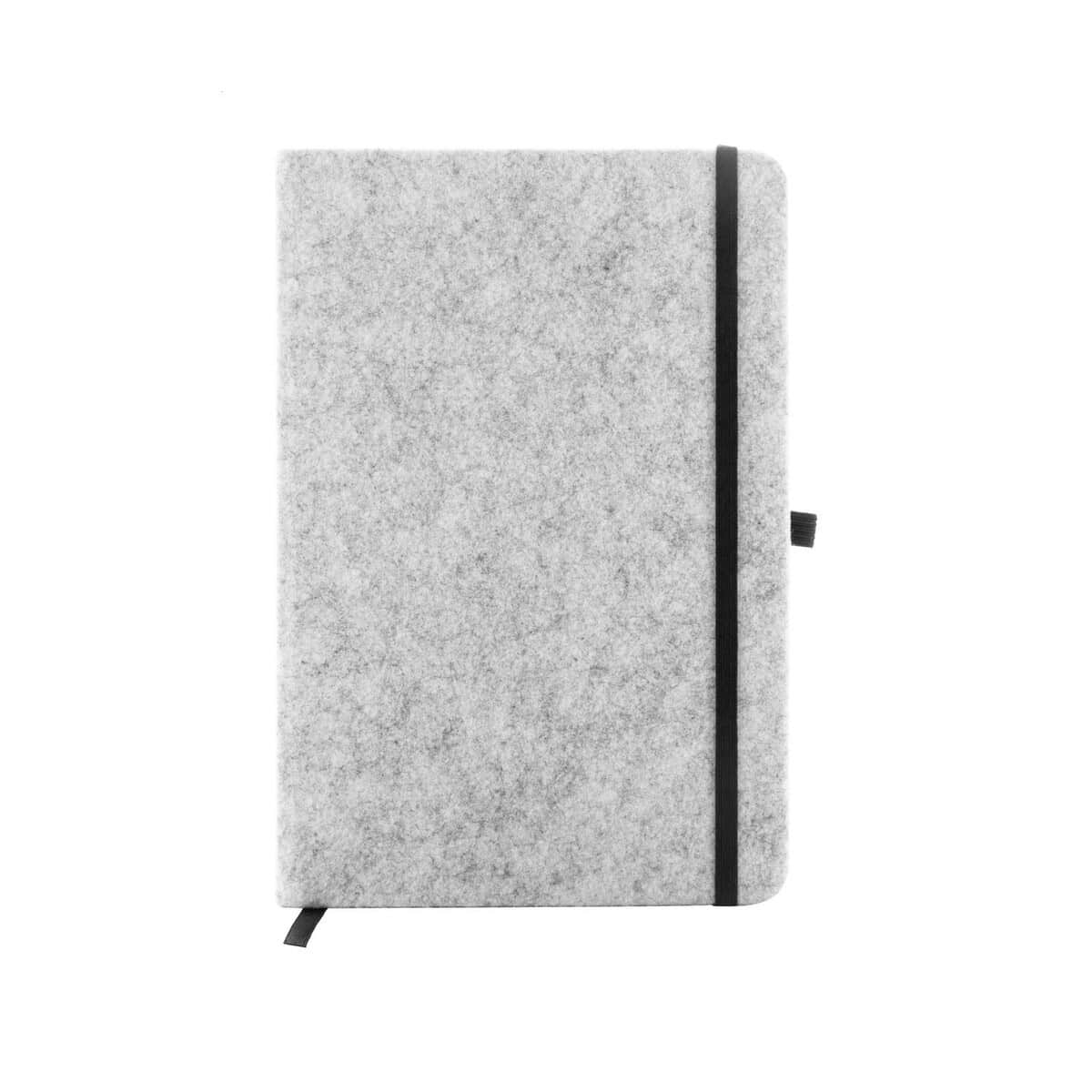 Notesy z logo – refelt note a5 notes z okładką z filcu rpet AP808171-77__A Notes: The image shows a grey felt notebook or organizer with a black elastic band and a black ribbon bookmark. Based on this, here are the SEO optimized texts:.