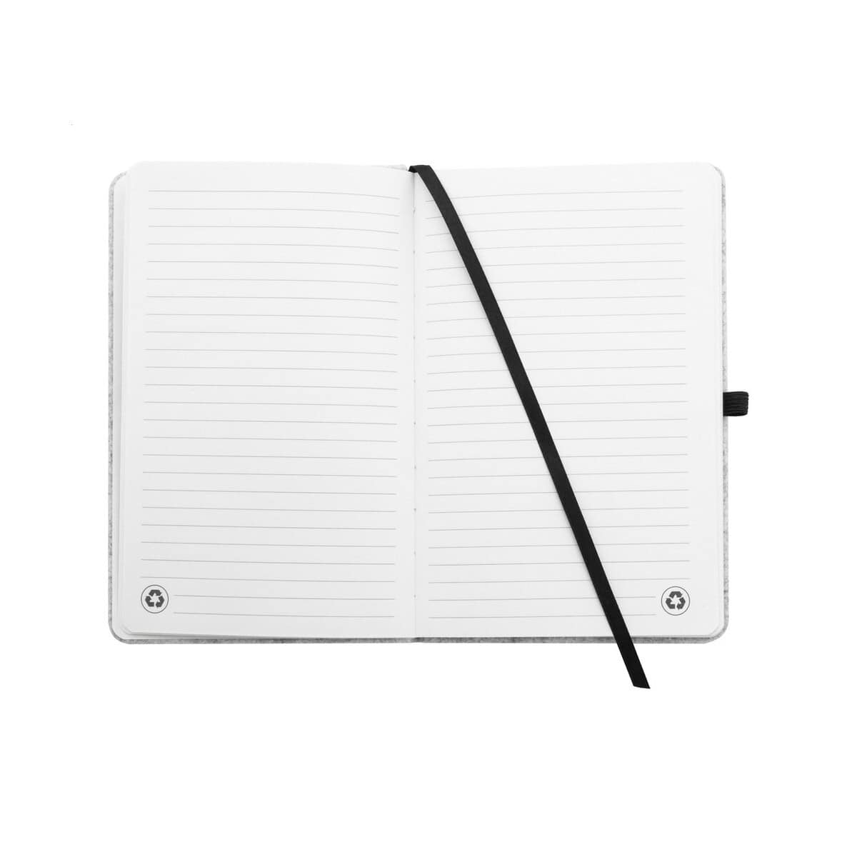 Notesy z logo – refelt note a5 notes z okładką z filcu rpet AP808171-77__D Notatnik z czarną gumką na białych kartkach, idealny gadżet reklamowy i personalizowany upominek.