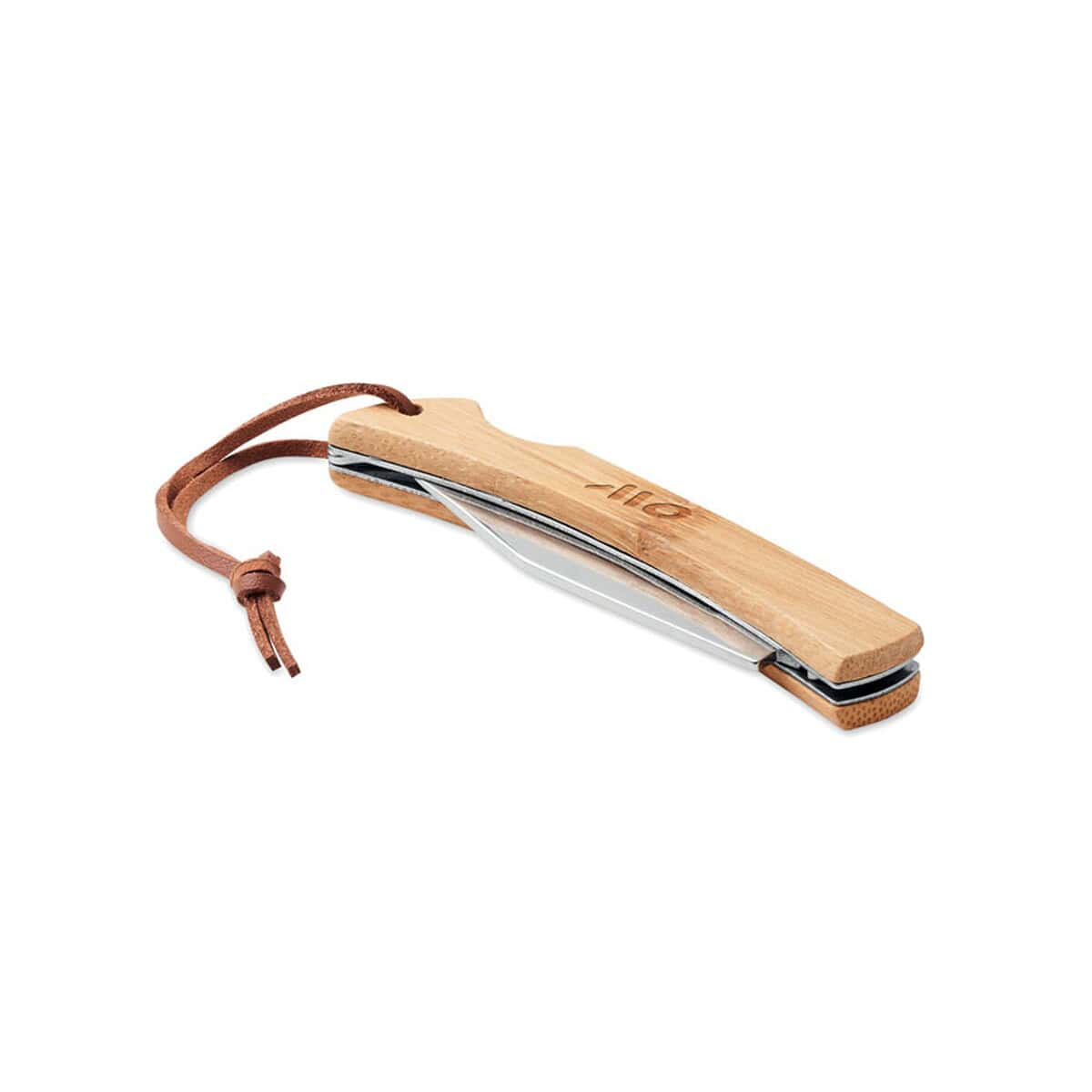 Noże z logo – nóż składany z bambusa mansan mo6623-40-print Drewniany multitool z lusterkiem i breloczkiem, idealny gadżet na prezent.