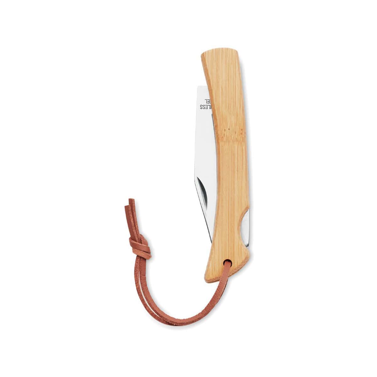 Noże z logo – nóż składany z bambusa mansan mo6623-40-side Drewniany nóż do sera z oplotem, gadżet kuchenny promocyjny, elegancki i praktyczny dodatek do serwowania, idealny na prezent.