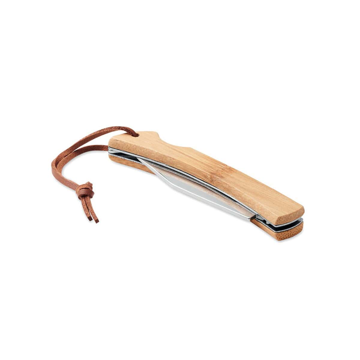 Noże z logo – nóż składany z bambusa mansan mo6623-40 Stylowy nożyk do grawowania z drewnianym uchwytem i ozdobnym sznurkiem. Idealny gadżet na prezent i do codziennego użytku.
