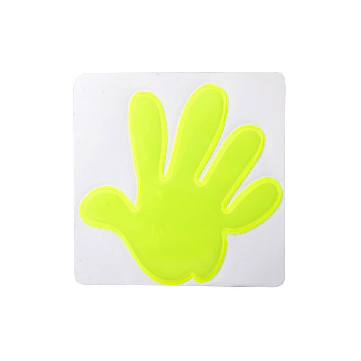 Żółta odblaskowa naklejka w kształcie ręki, bezpieczeństwo i widoczność, gadżety promocyjne.