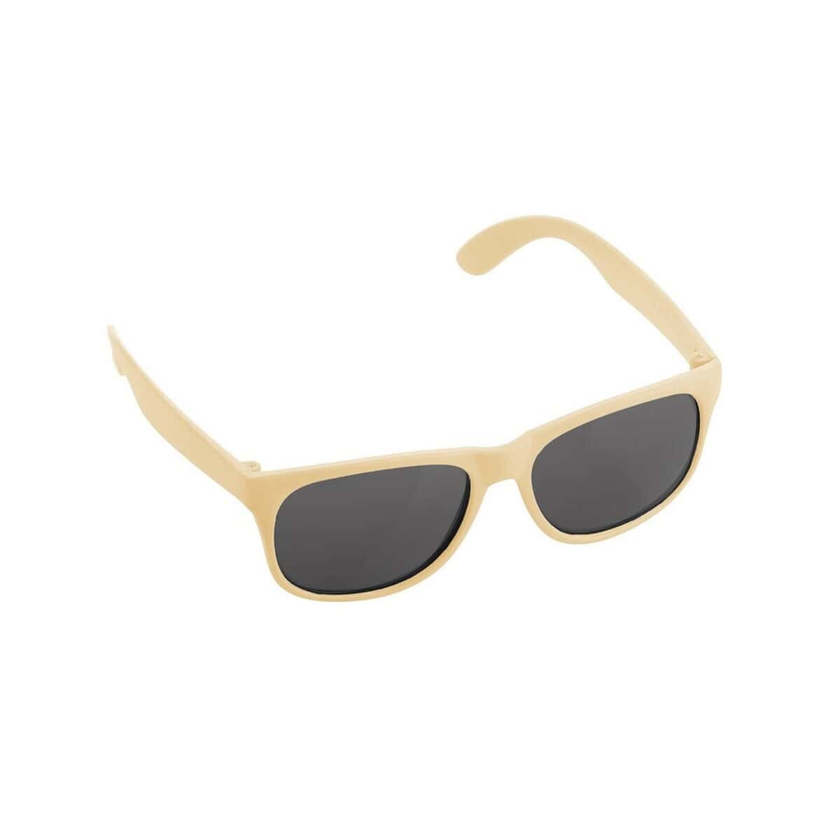 Okulary z logo – okulary przeciwsłoneczne b’right, bawełniane etui w komplecie | adam V7375-00_AAA03 Okulary przeciwsłoneczne z beżową oprawką i czarnymi soczewkami, idealne na lato i plażę.