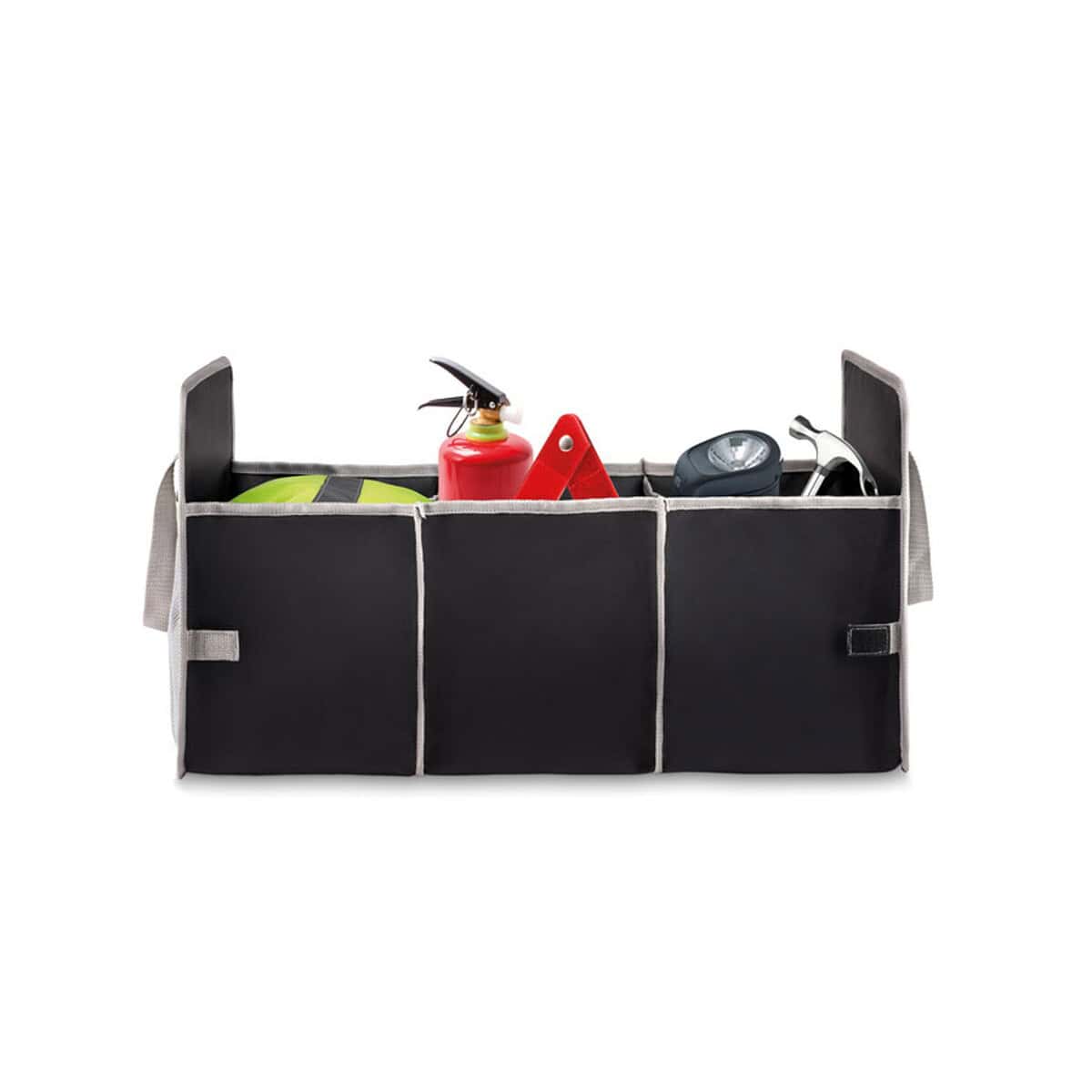 Organizery samochodowe z logo – składany organizer samochodowy organizer mo8880-03b Czarna organizer na narzędzia z wieloma kieszeniami z materiału, z artykułami bezpieczeństwa i narzędziami ręcznymi.