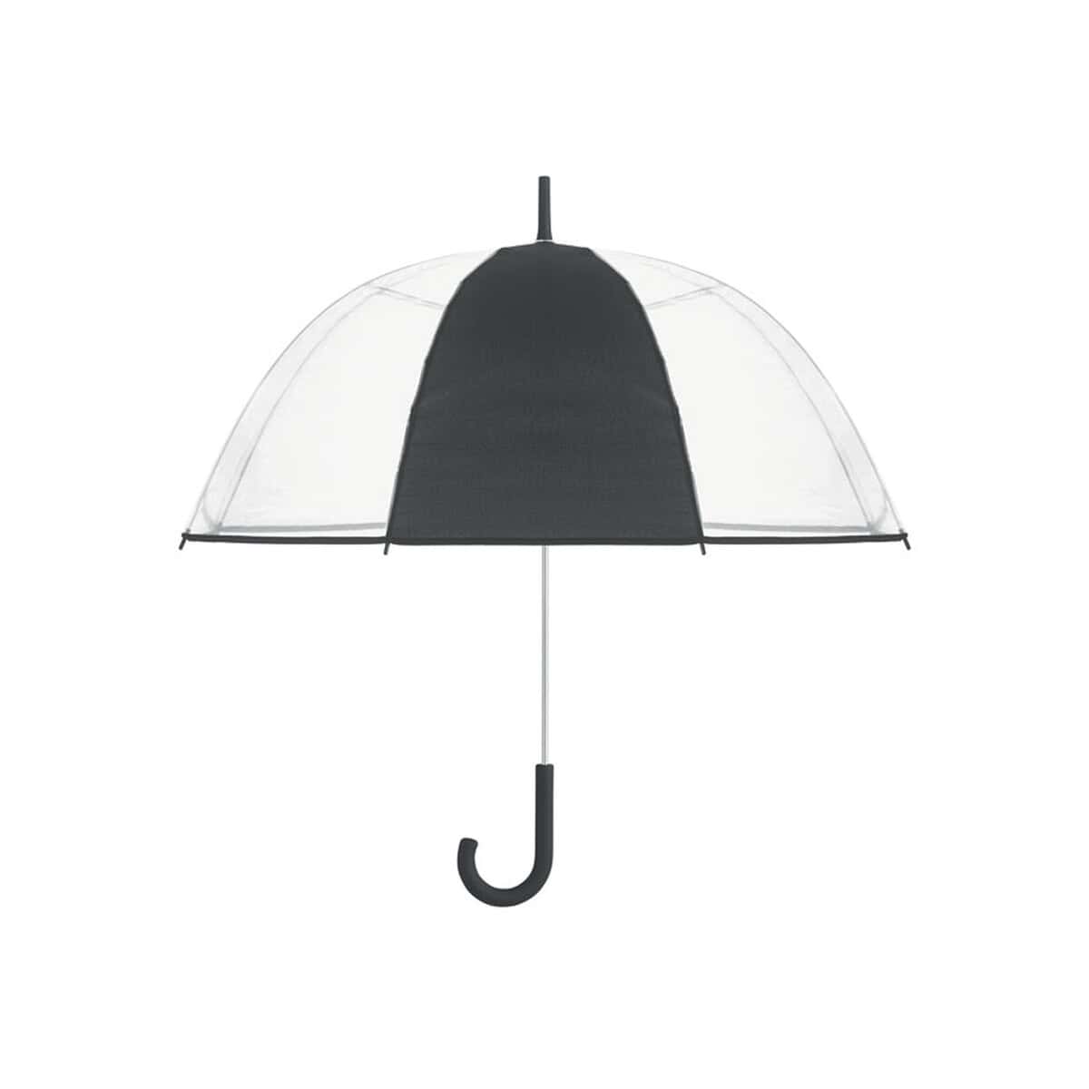 Stylowy przezroczysty parasol z czarną osłoną i ergonomicznym uchwytem. Idealny na deszczowe dni i promocję gadżetów marketingowych.