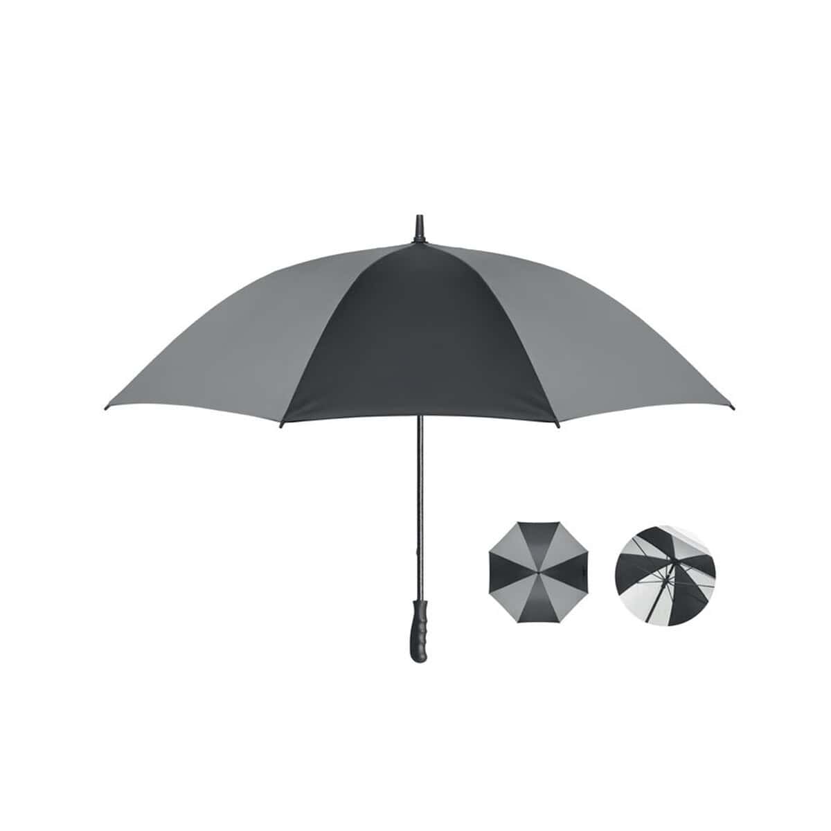 Czarny parasol reklamowy z nadrukiem, składany na prezent, gadżet promocyjny i upominek, funty i logo.