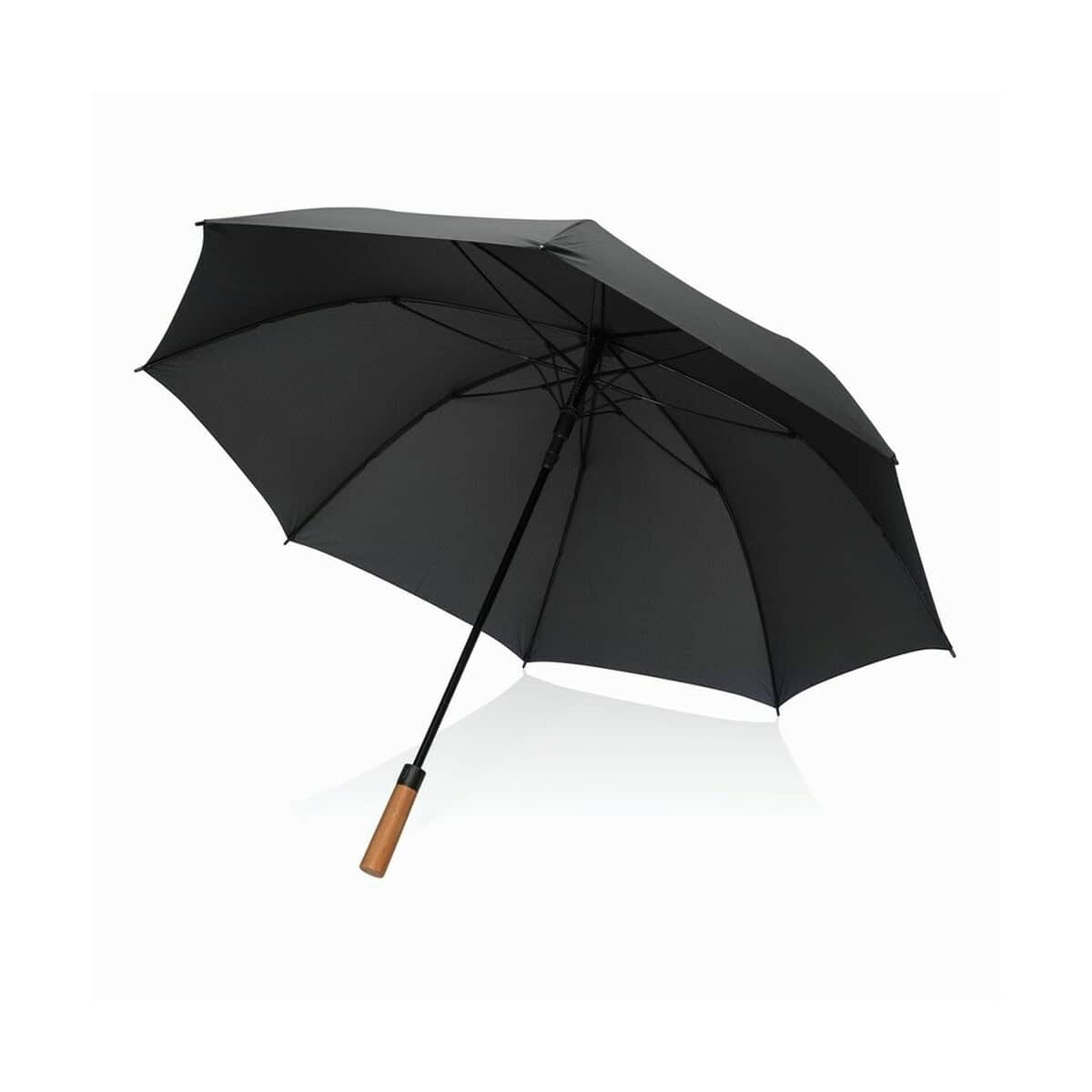 Parasole klasyczne z logo – parasol automatyczny 30″ tony aware™ rpet P850.7201__B_1 Czarny parasol z drewnianym uchwytem na gadżety promocyjne, idealny na deszczowe dni.