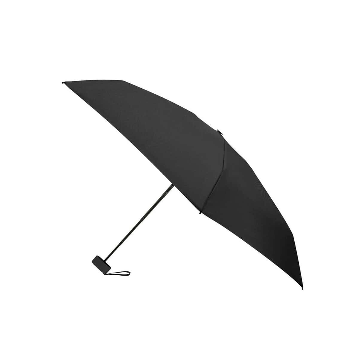 Czarny składany parasol na promieniujące słońce i deszcz, idealny do promocji i gadżetów reklamowych.