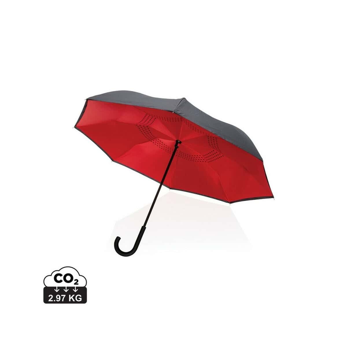 Czarny i czerwony parasol z automatycznym składaniem, lekki i ekologiczny, minimalne zużycie CO2 2,97 kg.