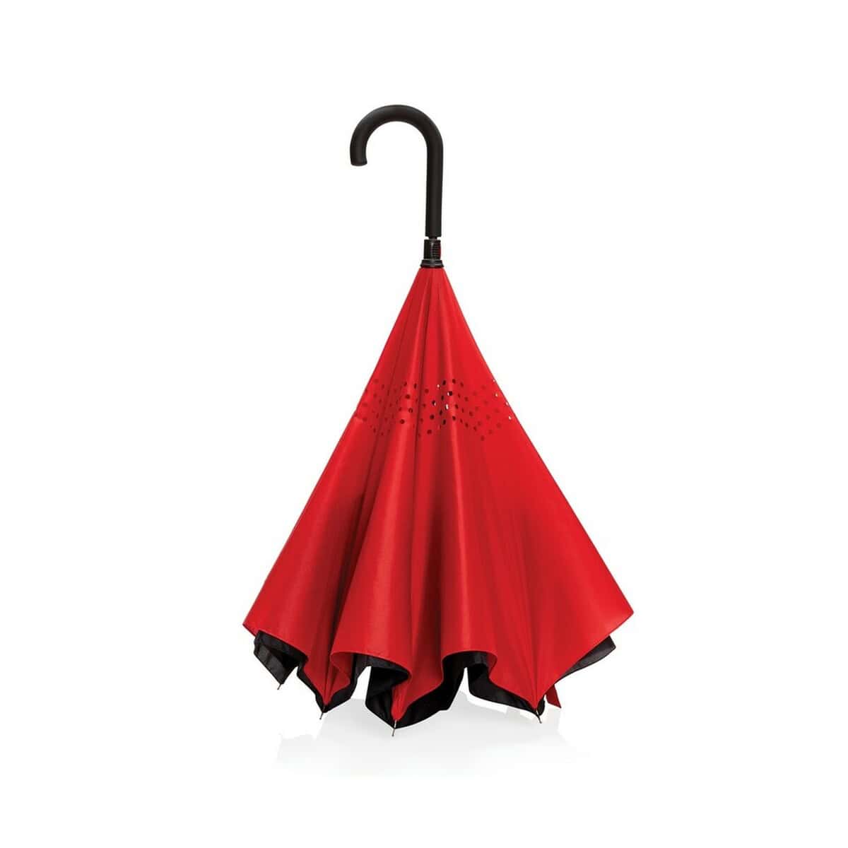 Parasole klasyczne z logo – parasol odwracalny 23″ impact aware™ rpet P850.634__B_4 Parasolka z czerwonym nadrukiem, eleganckie gadżety reklamowe, akcesoria promocyjne, gadżety na prezent.