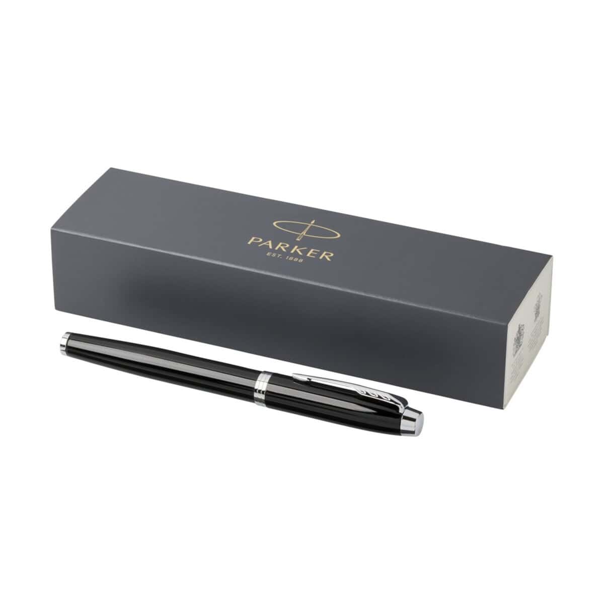 Elegancki długopis Parker w czarnej obudowie z srebrnymi detalami, w pudełku prezentowym.