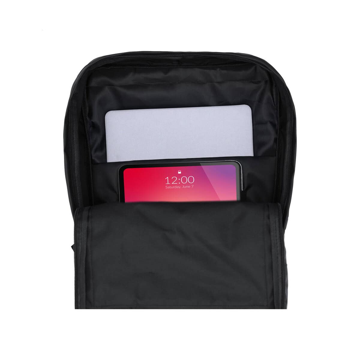 Plecaki z logo – mentis plecak AP735548-10__FC1 Przedmiotowy obrazek przedstawia czarną torbę na laptopa z miejscem na tablet i akcesoria, idealną na gadżety reklamowe.