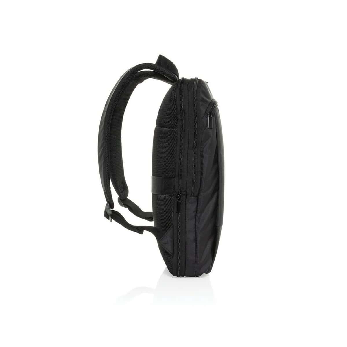 Plecaki z logo – plecak na laptopa 15,6″ flexpack aware™ rpet P763.4901__B_4 1. Pasek na plecak z czarnej tkaniny, praktyczny i wygodny, idealny na codzienne użytkowanie.