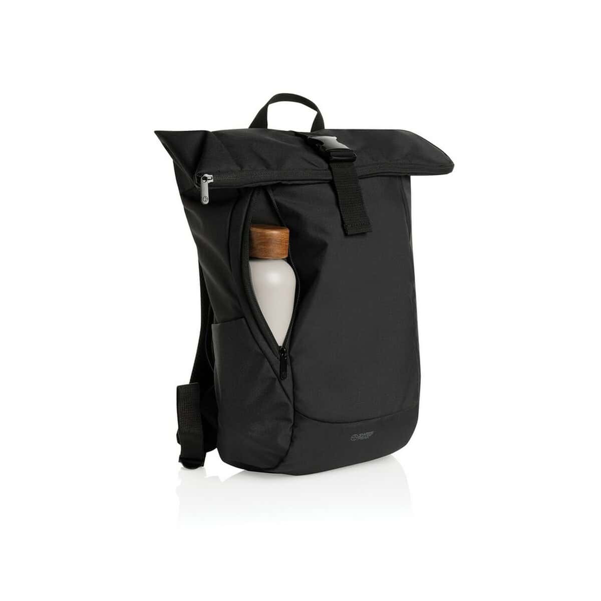 Plecaki z logo – plecak na laptopa 15,6″ swiss peak aware™ rpet P763.4601__B_8 1. Torba na laptopa z kieszeniem na butelkę, czarna, funkcjonalna, idealna na prezent.