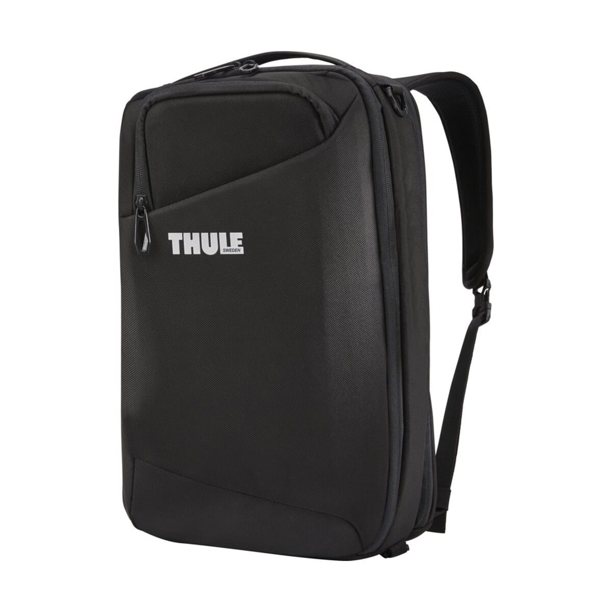 Black Thule laptop backpack z kieszeniami i wygodnym paskiem. Idealny na co dzień i podróże.