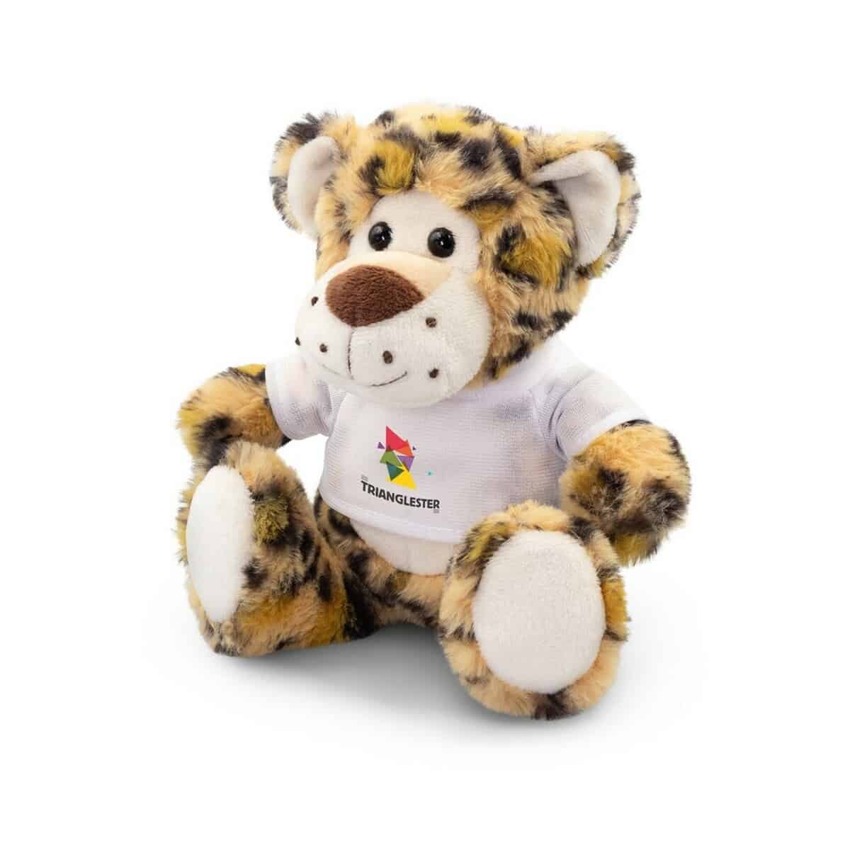 Miś pluszowy leoparda z koszulką promocyjną, idealny gadżet reklamowy.
