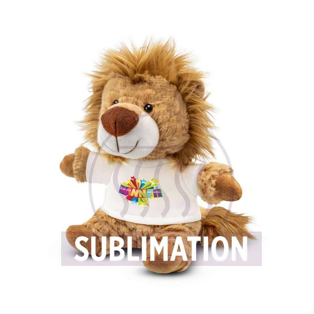 Maskot pluszowy lew z koszulką z nadrukiem, idealny na gadżety promocyjne i prezenty.