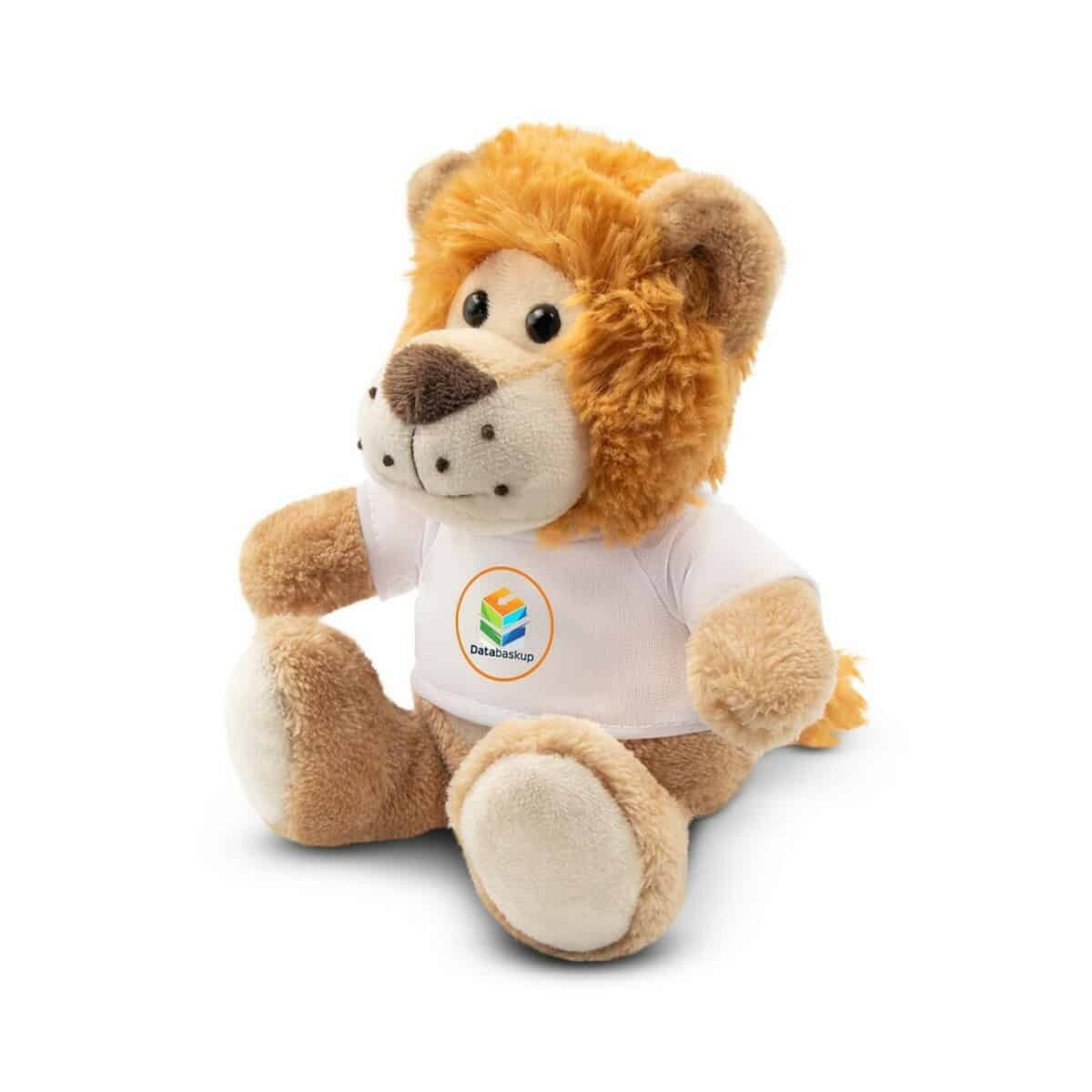 Pluszowa maskotka lew w koszulce z logo Databaskup.