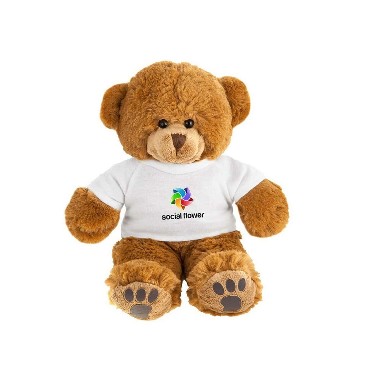 Miękki miś pluszowy z koszulką z logo social flower, idealny gadżet promocyjny i prezent dla dzieci.