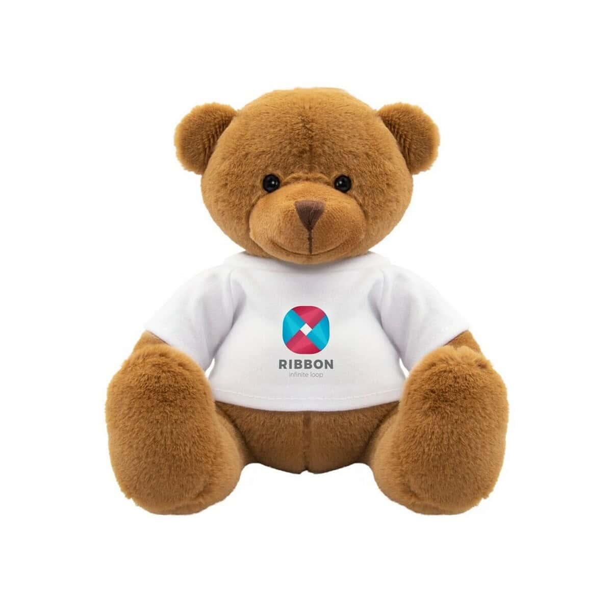 Miś pluszowy z logo i napisem Ribbon, idealny gadżet reklamowy i prezent promocyjny.