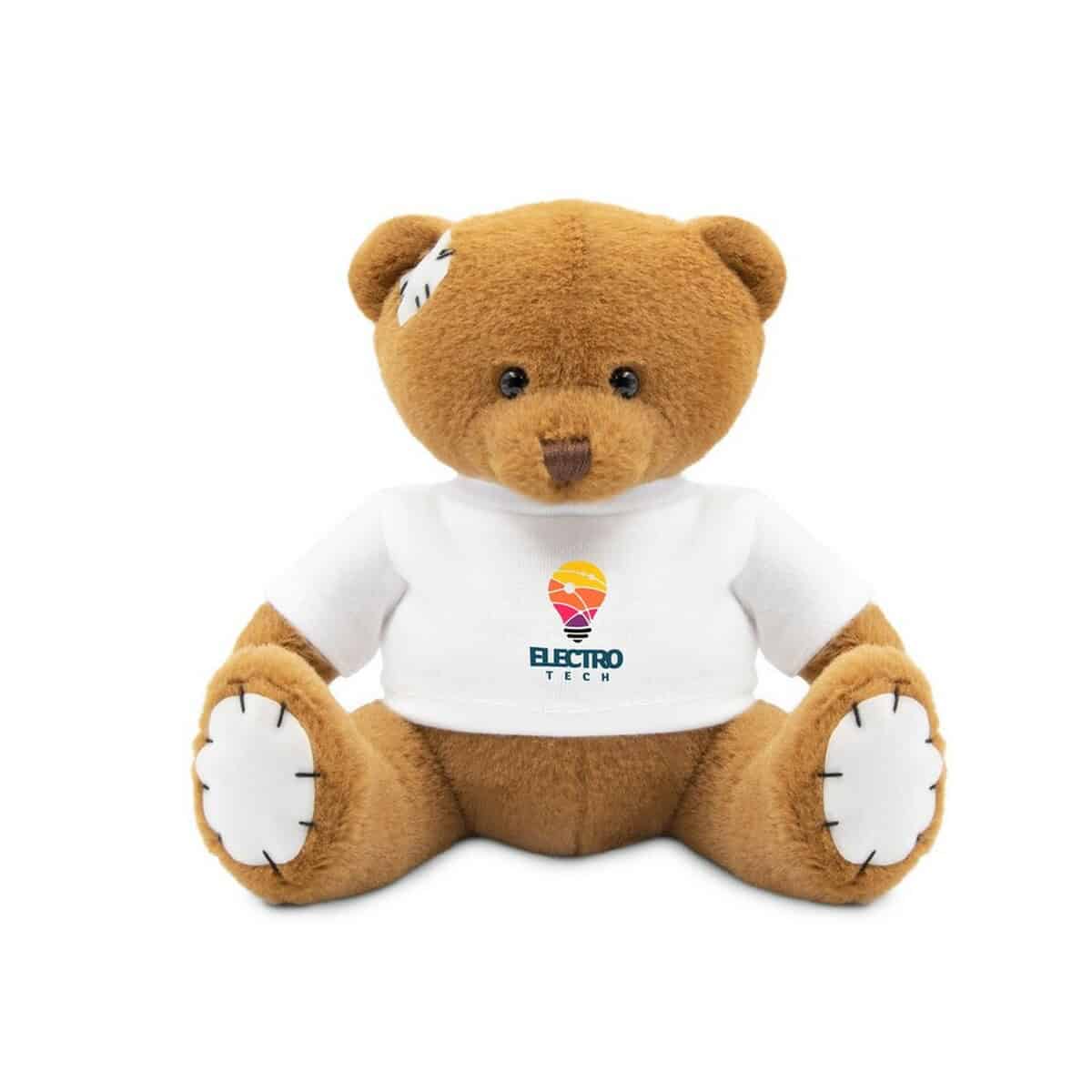 Pluszowa maskotka miś z logo firmy Elektrotech, idealny gadżet reklamowy.