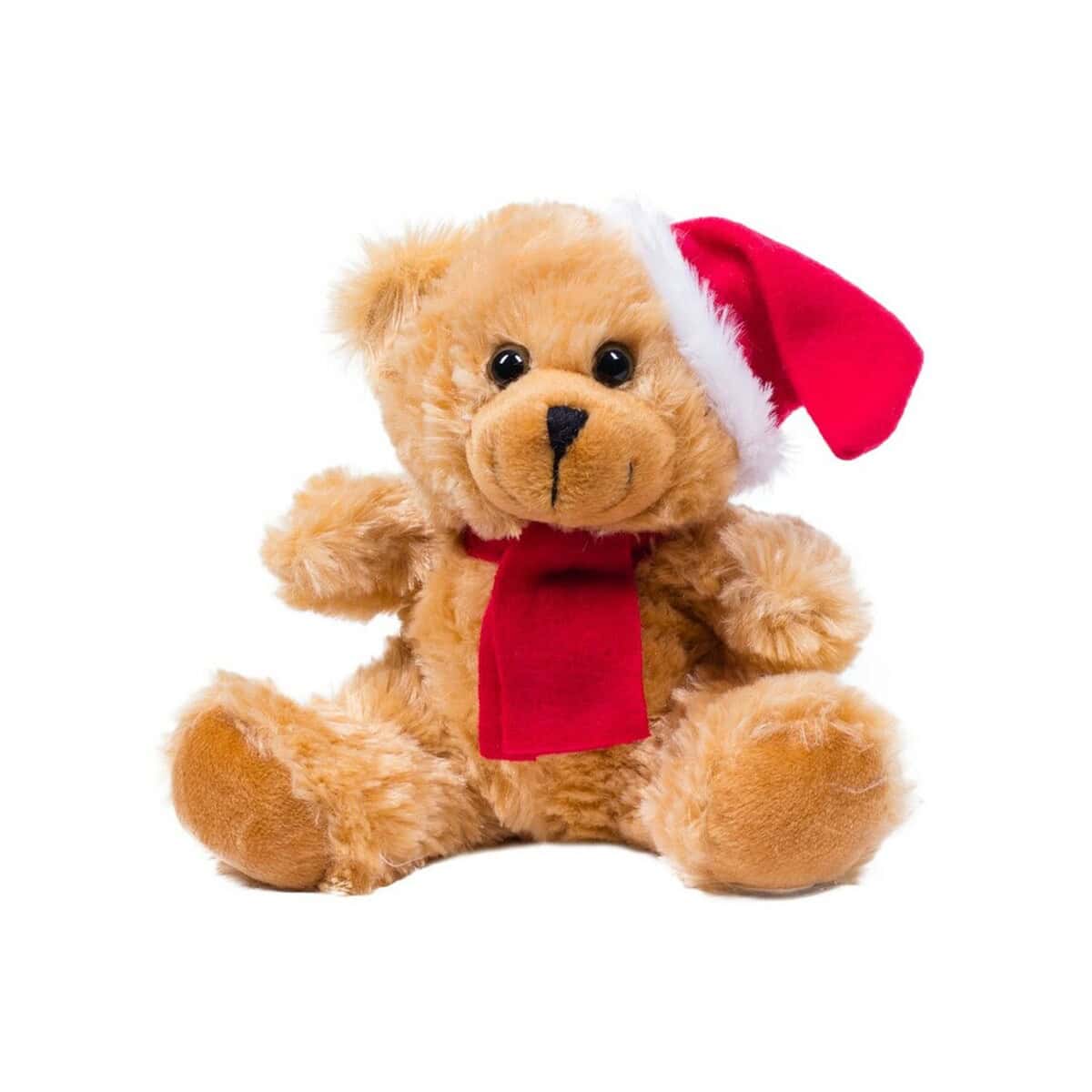 Miś pluszowy z czapką świąteczną i czerwoną apaszką, idealny na prezent świąteczny, gadżet na Boże Narodzenie, dekoracja świąteczna.