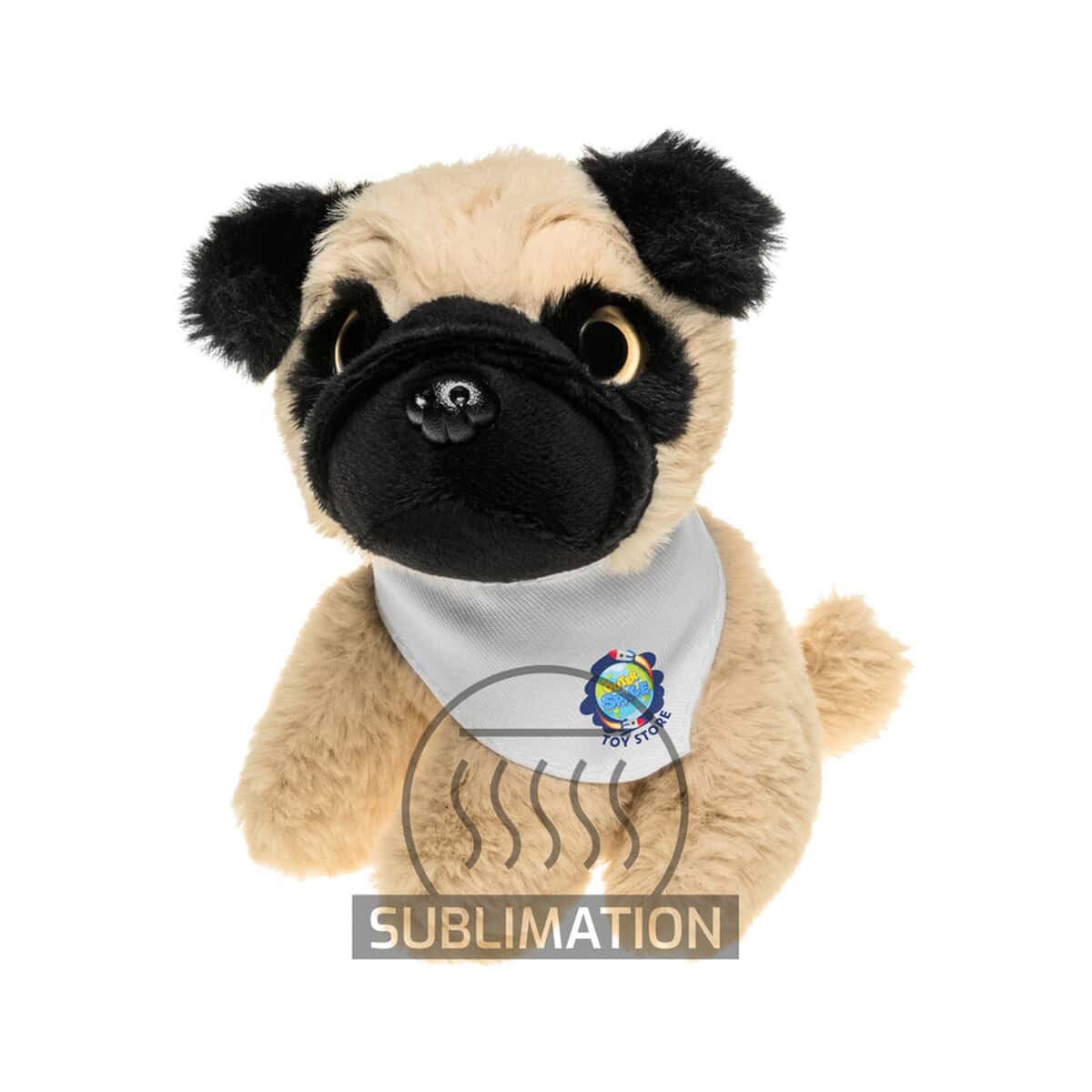 Maskot pluszowy pies mops, z logo i bandaną, idealny gadżet promocyjny i prezent.