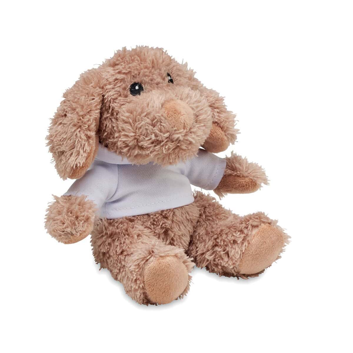 Miś plush z tkaniny o brązowym futerku, w białej koszulce, idealny gadżet reklamowy i prezent.