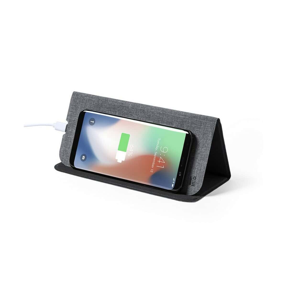 Podkładki pod mysz z logo – podkładka pod mysz rpet, ładowarka bezprzewodowa 10w V8322-15_AAA02 ładowarka do telefonu na stojaku z materiału tekstylnego, eleganckie gadżety reklamowe.